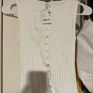 Free People White Ribbed Button-Front Tank Top
